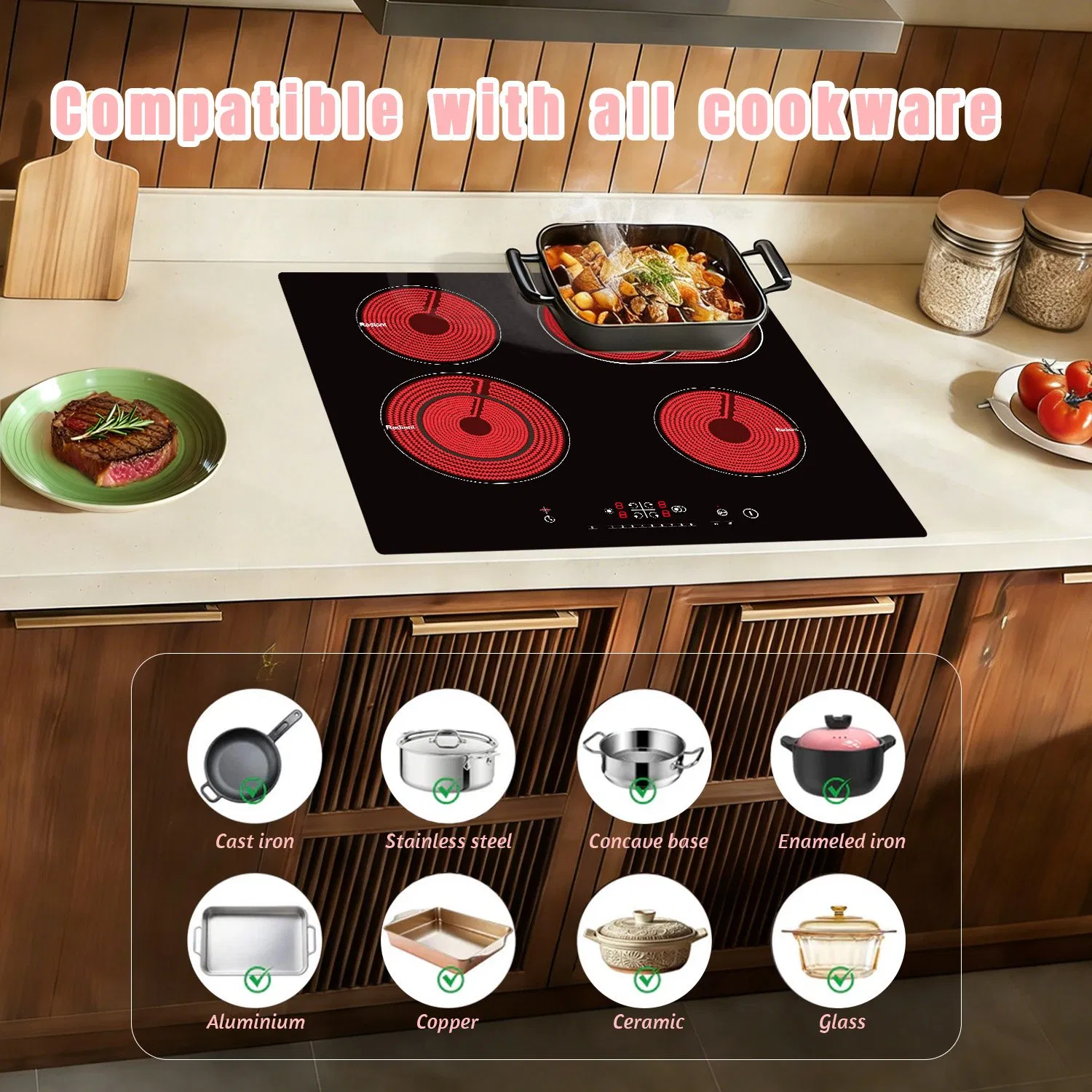 24 Inch Electric Cooktop 4 Burners, Drop-in Ceramic Cooktop, 6000W Radiant Electric Stove Top Burner with Touch Control, Safety Lock
