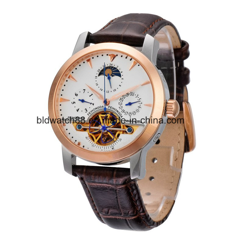 Custom Automatic Mechanical Tourbillon Skeleton Moon Phase Leather Mens Sport Watch