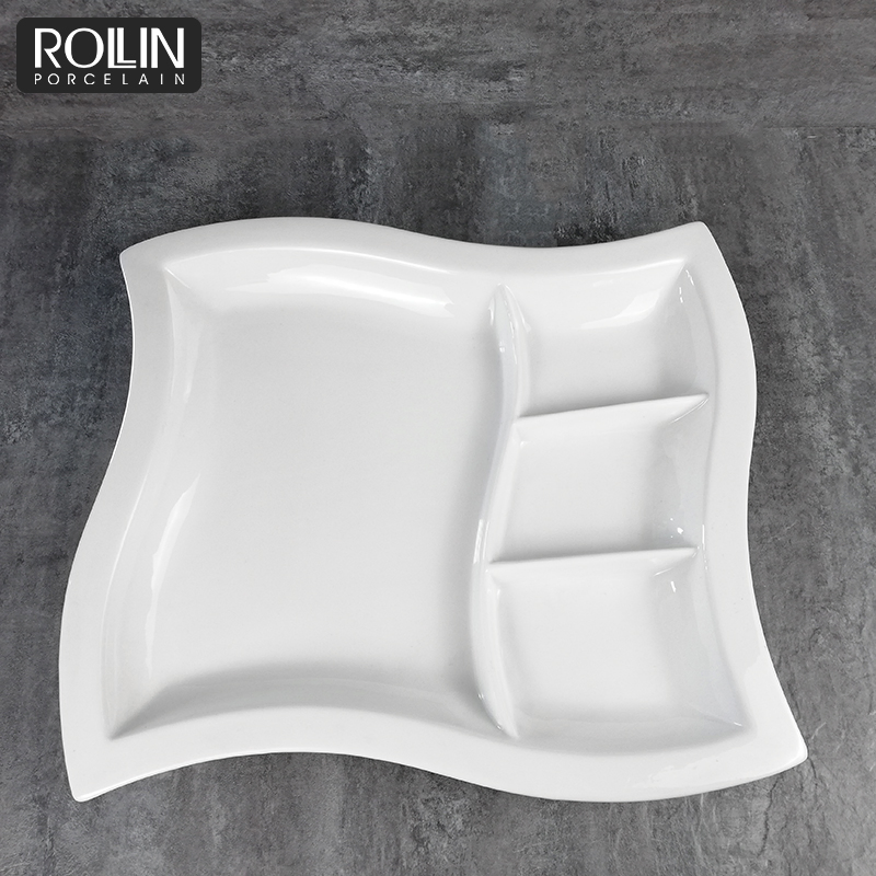 White Porcelain Divided Snack Plates for Hotels