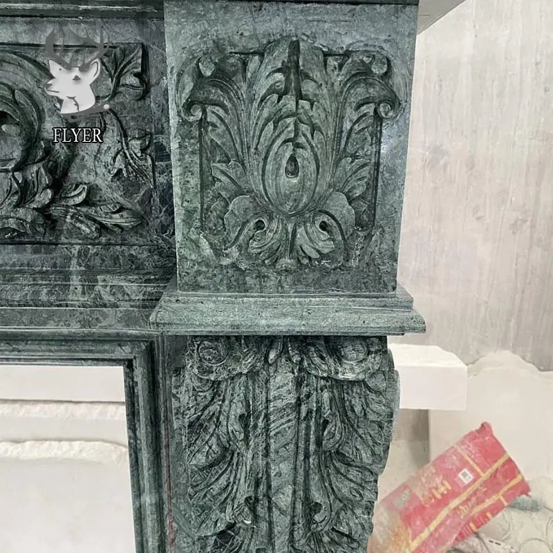 Customized Modern French Home Freestanding Stone Carving Fireplace Surround Polished Natural Green Marble Fireplace Mantel