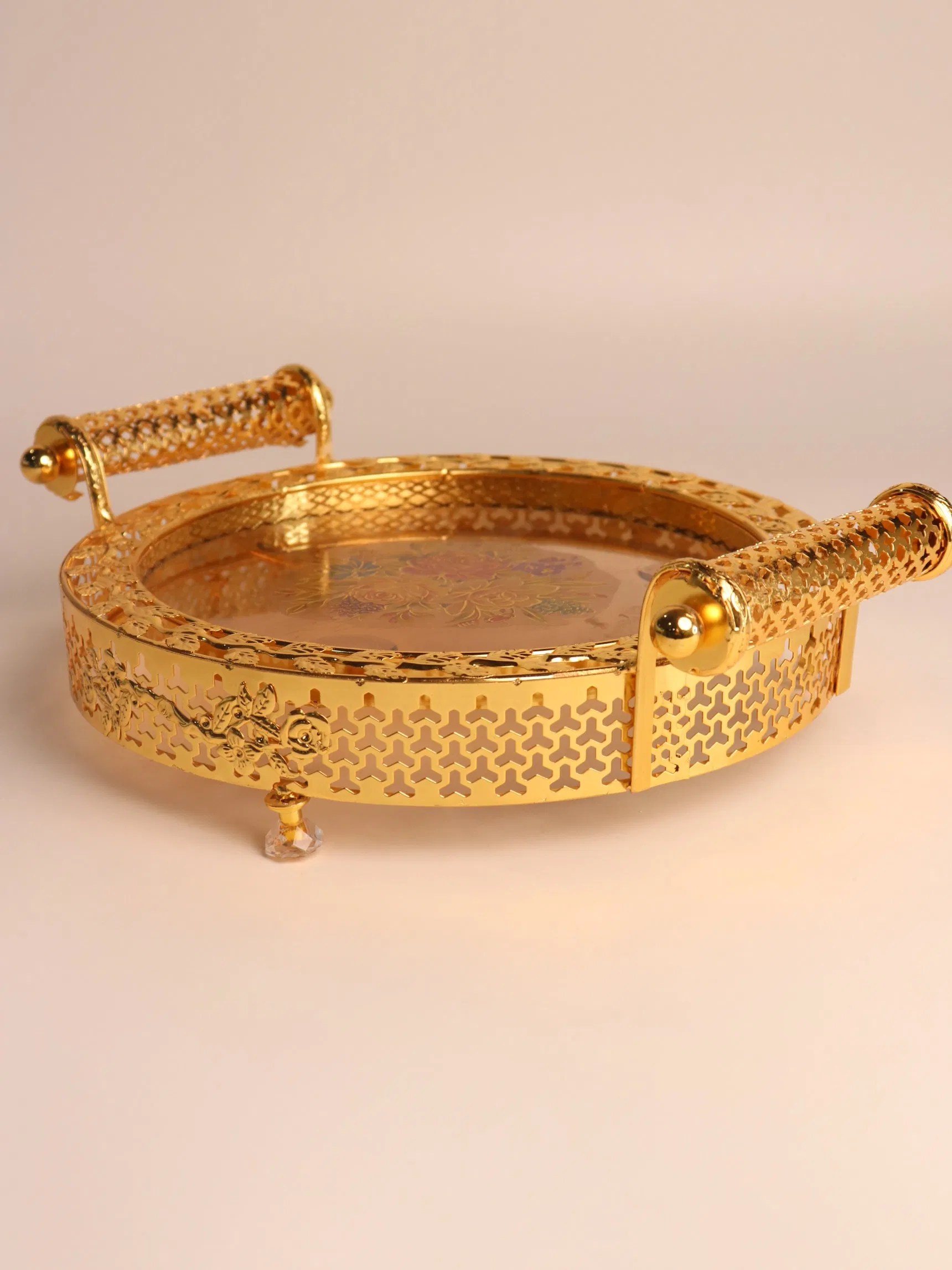 Elegant Glass Fruit Plate with Stunning Gilded Ironwork Design