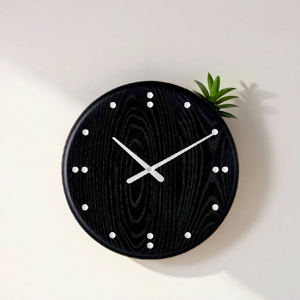 Oak Material Minimalist Design Black Dial Silent Movement Circular Shape Decorative Wall Mounted Timekeeping Clock