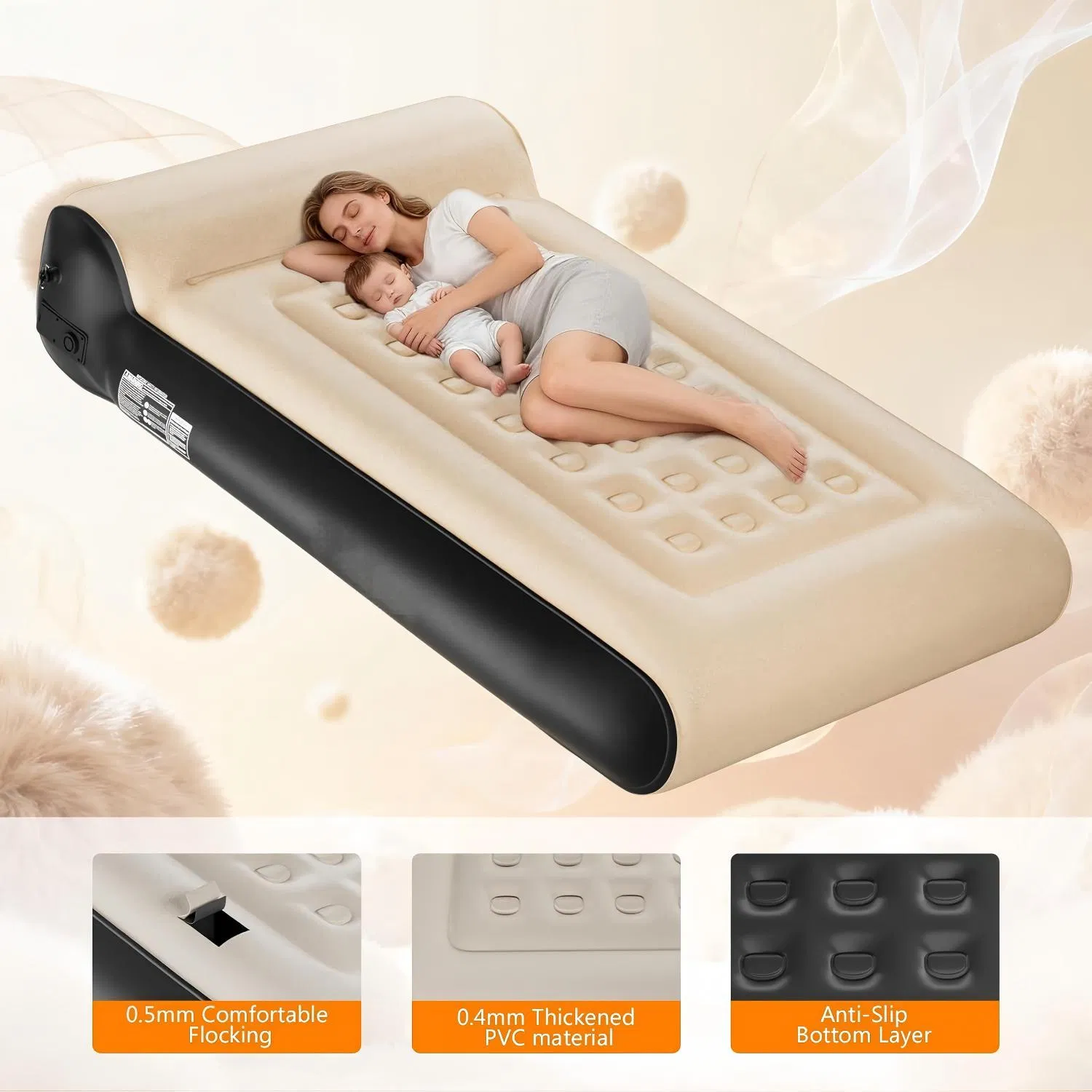 Queen Size Flocked Top Air Mattress 16" Thickened PVC Inflatable Bed with Built-in Pump for Home & Camping