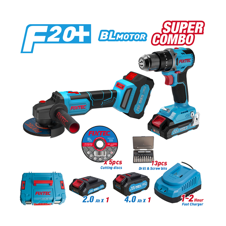 Fixtec Rechargeable Lithium 20V Cordless Brushless Power Tool Set Combo Kit with 2 Batteries