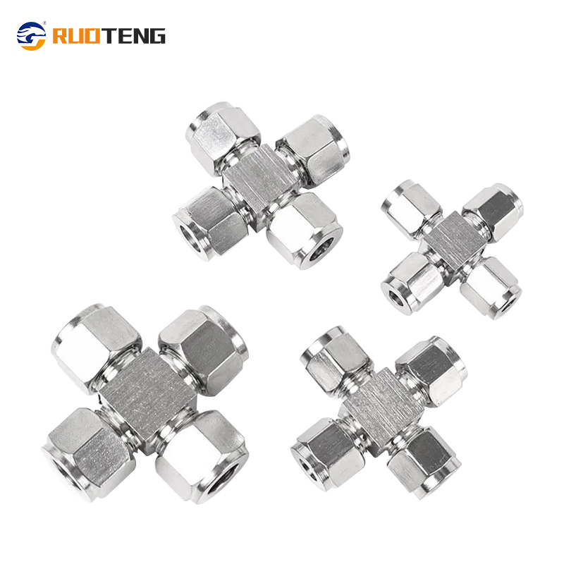 [Ruoteng] 316L Stainless Steel Forged Cross-Type Tube Union with Dual Ferrules Tube Fittings