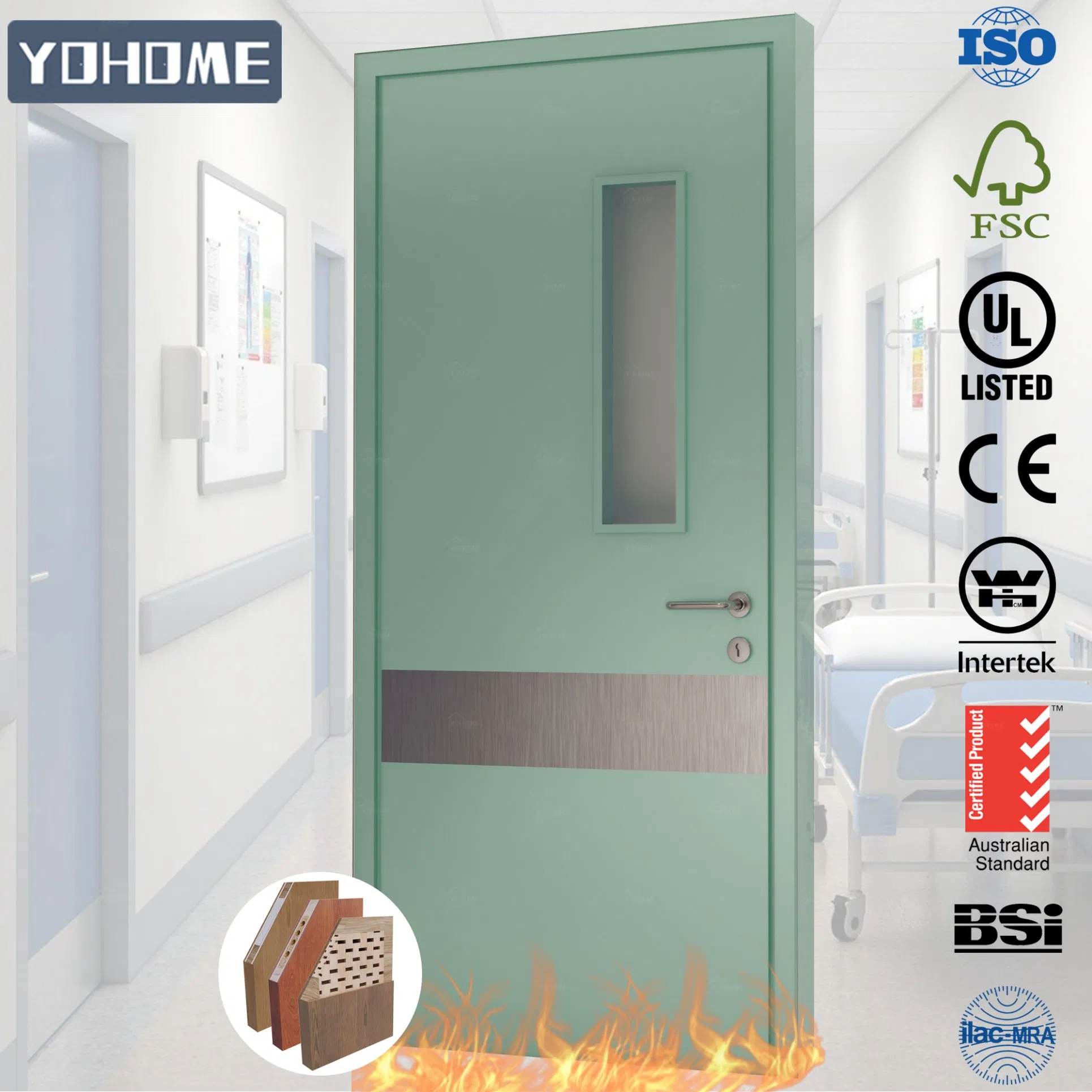 UL/CE/as School Hospital Condo Hotel Commercial Building Project Commercial Fire Rated Door Wooden Fire Door with Fixed Panel