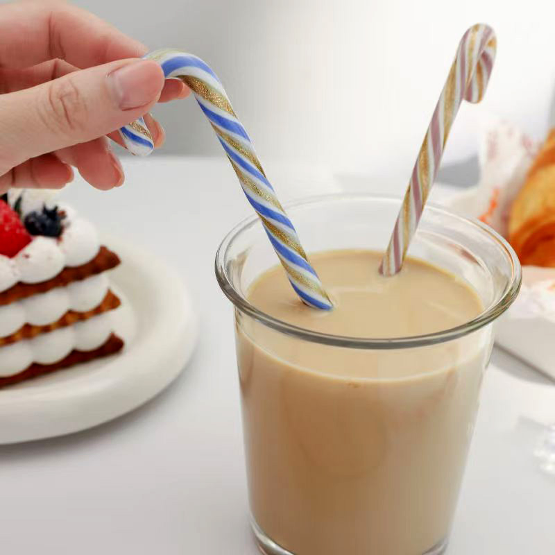 OEM Creative Christmas Series Colored Striped Glass Coffee Stirring Rod Glass Honey Stirring Mixing Stick