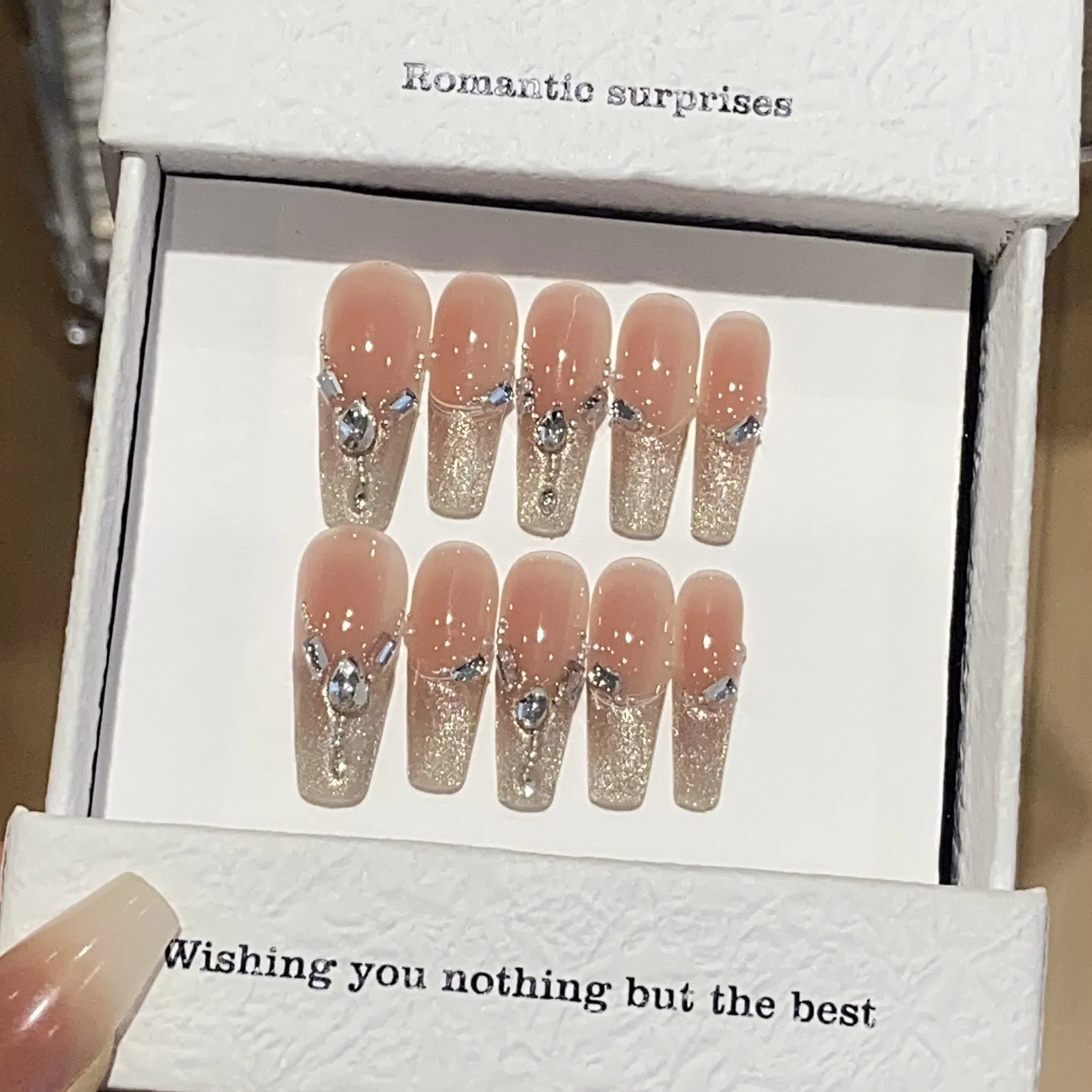 Gradient French Light Luxury Cat's Eye Blush Steel Beads Water Drop Diamond Advanced Patch Wearable Nail