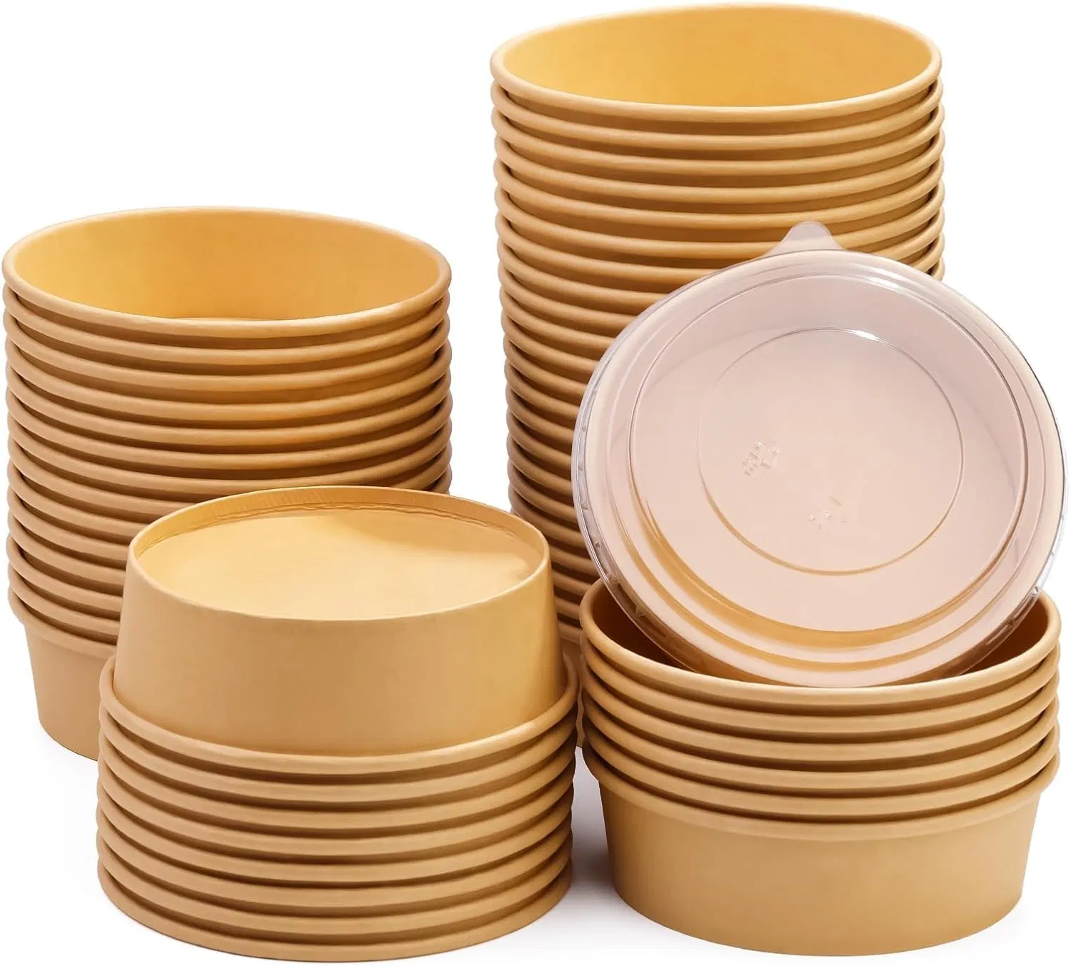 1000ml Disposable Salad Bowls with Pet Lid, Round Kraft Paper Bowl Takeaway