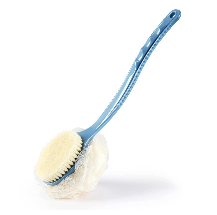 Shower Body Brush Back Scrubber Bath Mesh Sponge with Bristles and Loofah