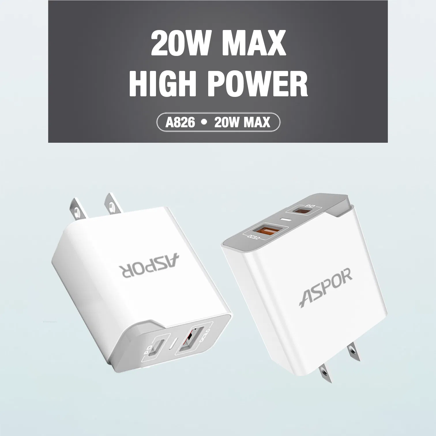 2022 Aspor New Fast Charger A826 20W Pd+ QC Fast Speed Phone Charger EU/Us/UK Pin with Type C- Type C / Ipx / Pd Cable Original Factory Price