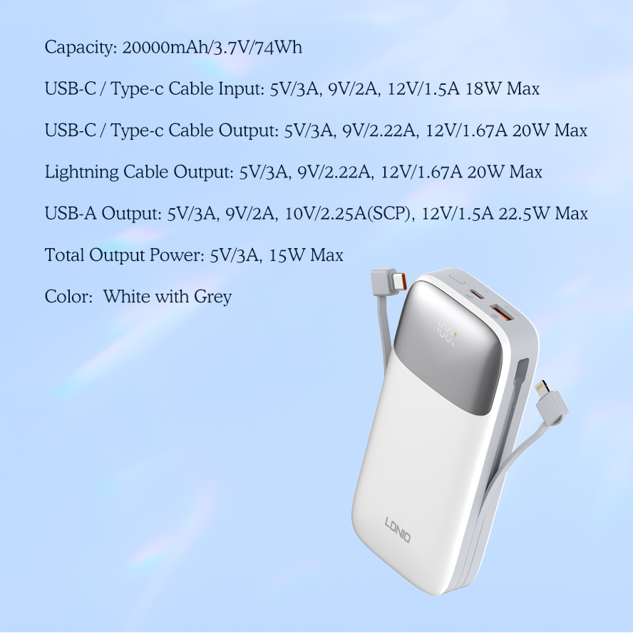 Пауэрбанк Ldnio PQ20 20000 мАч с быстрой зарядкой 22.5W