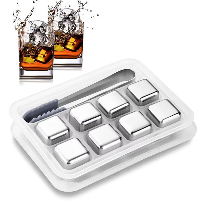 6-Piece Set Stainless Steel Reusable Cubes Ice with Ice Tongs Cooling Whiskey Rocks for Drinks Vodka Liqueur Wine