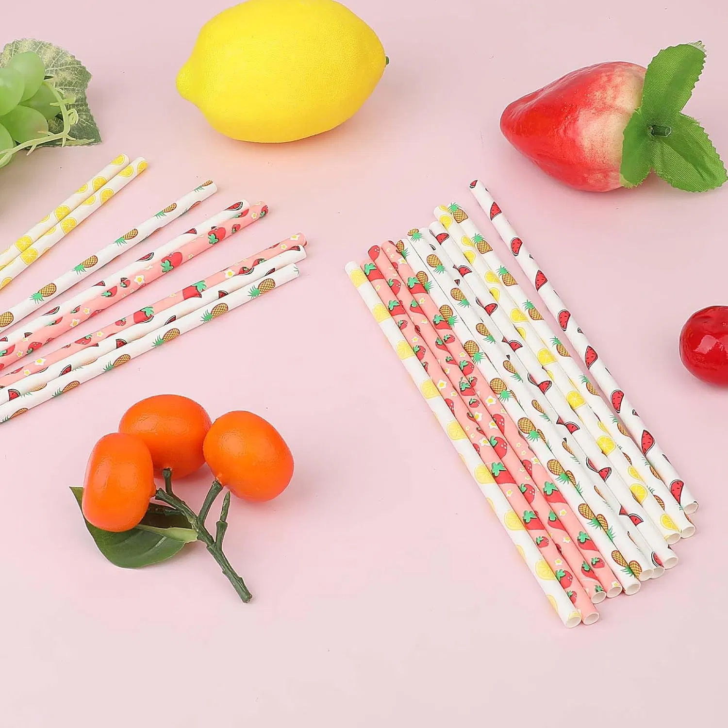 Summer Hot Pink & Green Party Supplies -25 Pack- Garden Wedding Supplies, Vintage Assorted Color Polka DOT & Chevron Striped Fruit Watermelon Paper Straw