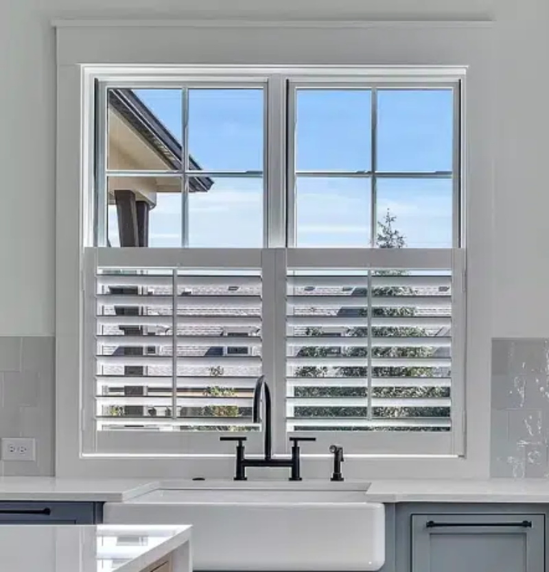 White Real Wood Plantation Shutters with PVC Blinds Modern Design Bay Window Sliding Roller Louver England