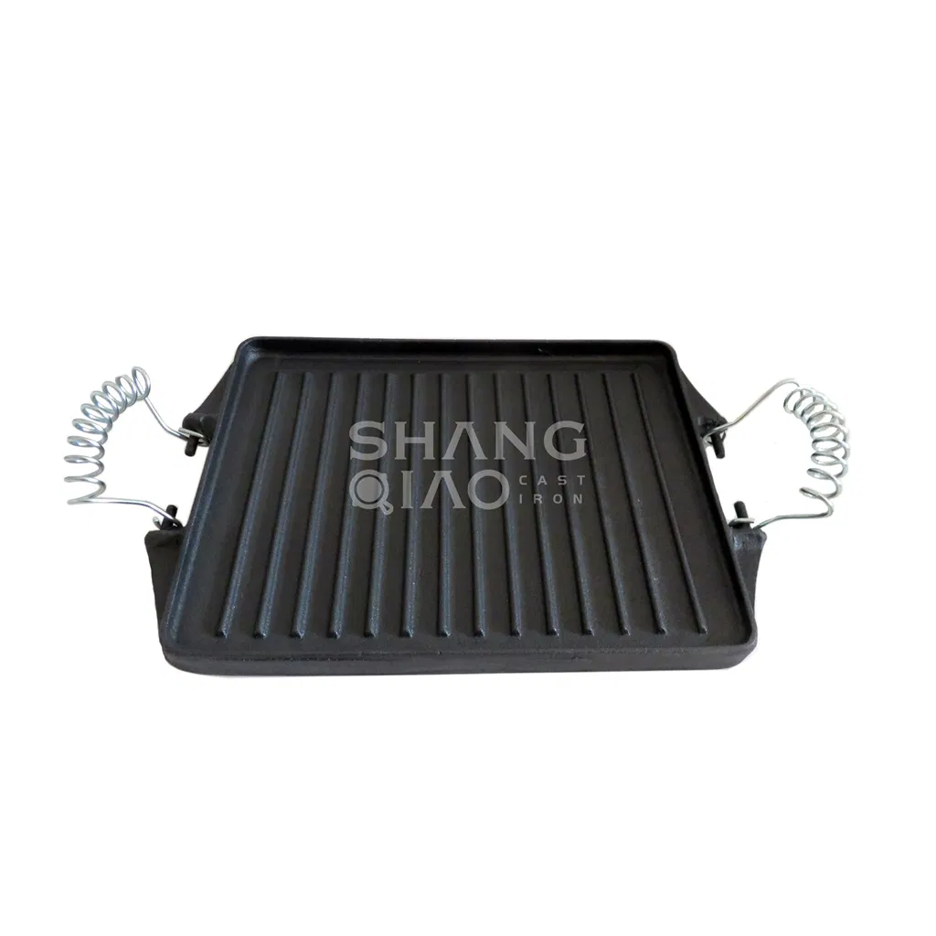 Customized Pre-Seasoned Rectangular Reversible Cast Iron Griddle Grill Pan with Spring Handles Grill Plate