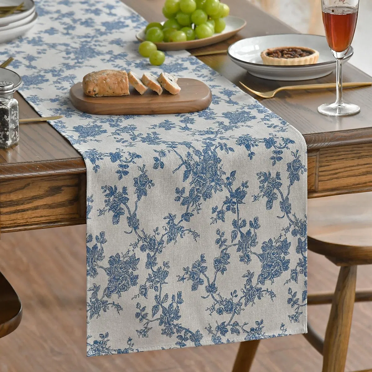 Monochrome Sketch Branch Toile Textures Chinoiserie Cotton Dark Grey Table Runner