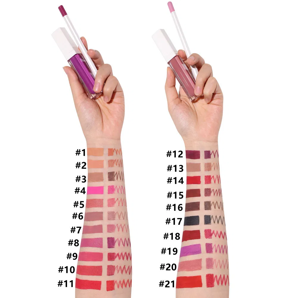 Matte Lip Gloss and Lip Liner Kit Liquid Lipgloss and Lipliner Pencil Lip Tint Makeup Cosmetic for Women Beauty