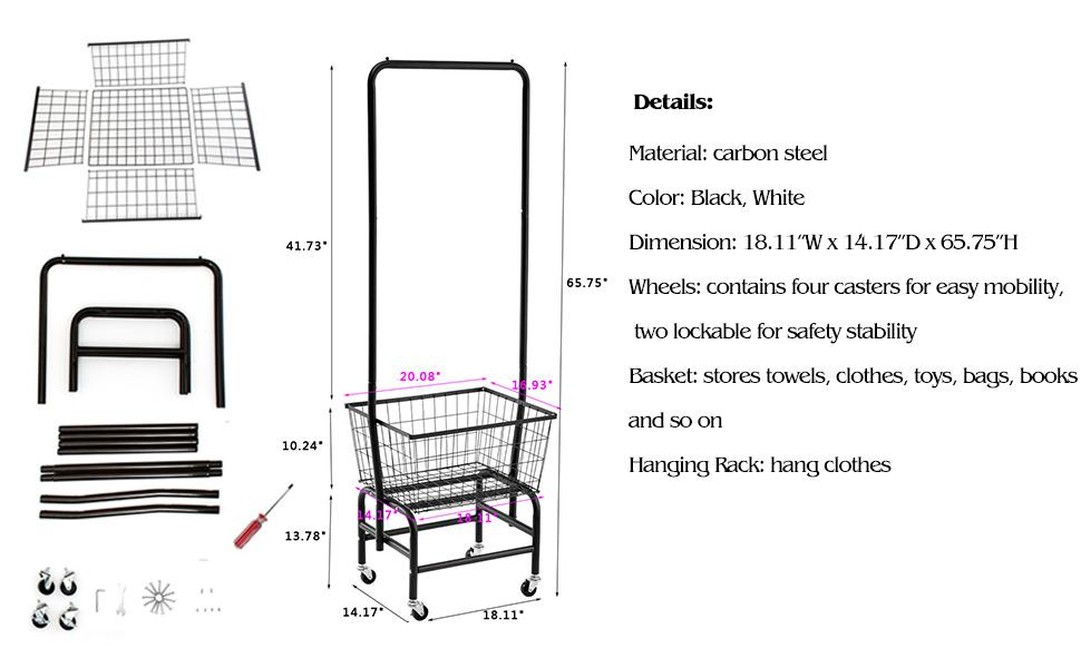 Rolling Laundry Basket Cart with Wire Storage Rack and Hanging Commercial Metal Rack Rolling Laundry Cart