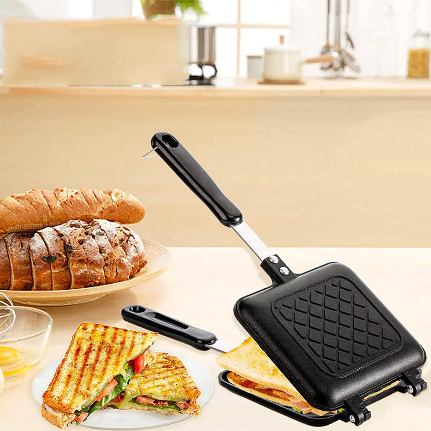 Non-Stick Grilled and Panini Handle Stovetop Toasted Aluminum Flip Pan Sandwich Maker for Home Kitchen