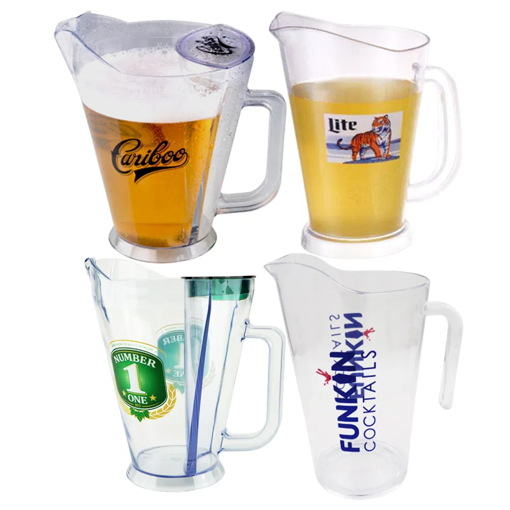 1000ml 1200ml 1800ml Plastic Beer Jug Pitcher Bar / Restaurant Beer Jug with Handle and Customized Printed Logo for Molson Canadian Lagunitas Miller