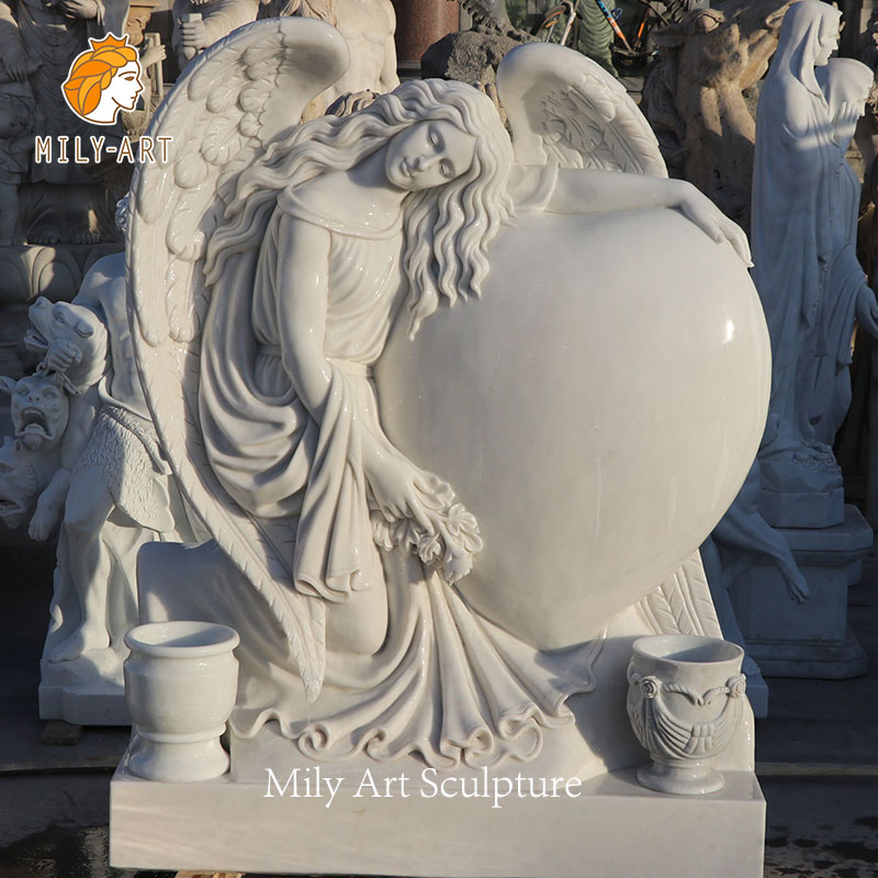 Customized White Marble Angel Tombstone in Love Shape for Cemetery