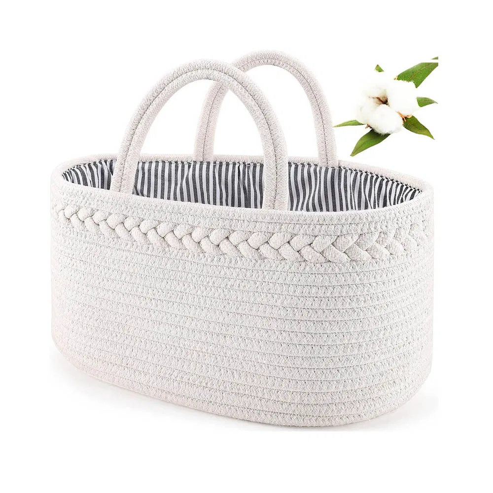 Baby Diaper Caddy Organizer for Girl Boy Cotton Rope Nursery Storage Bin Basket Portable Holder Tote Bag for Changing Table