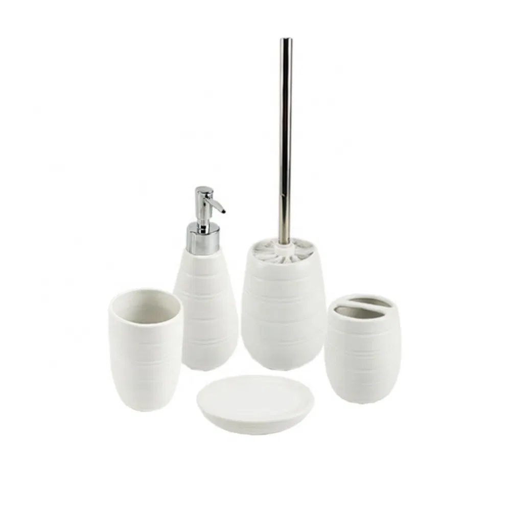 Hot Sale Four-Piece Ceramic Bathroom Accessory Set Round Cosmetic Bottle with Pump Marble and Marbling Material for Bathrooms