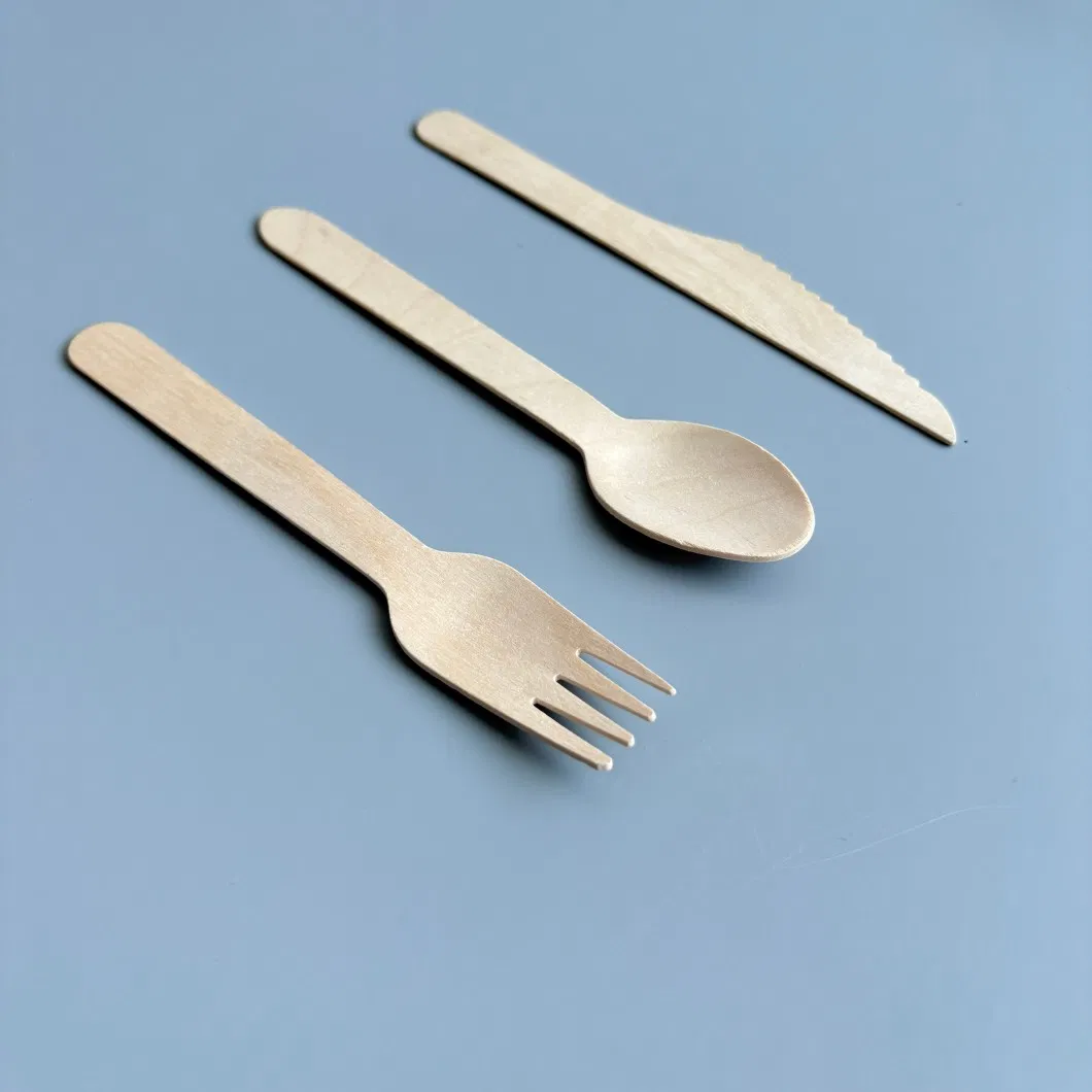 Eco-Friendly 160mm Biodegradable Disposable Birch Spoon Fork Knife with Individual Packaging