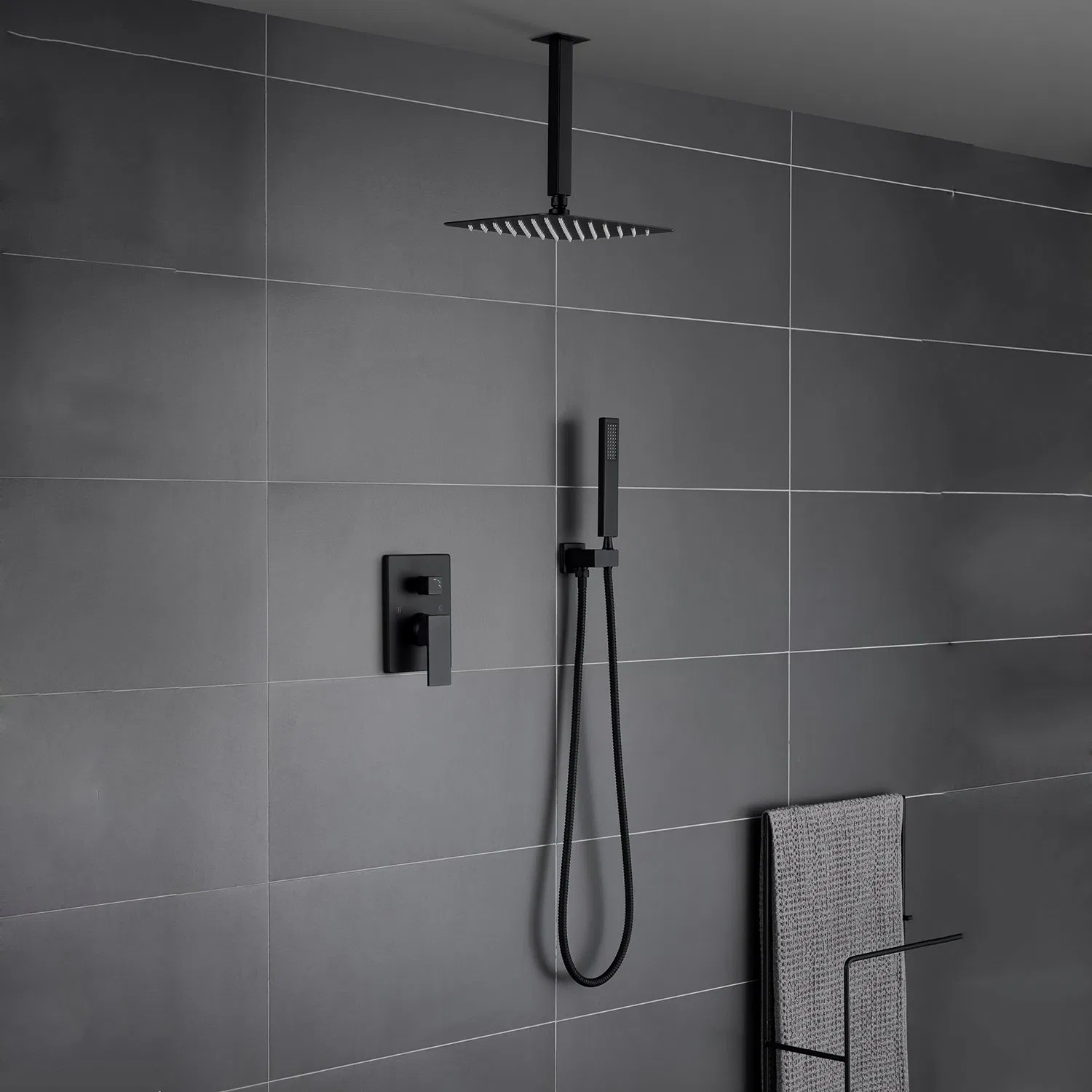 Contemporary Black Shower System- 16 Inches Ceiling Shower Faucet Set with Square Rain Shower Head