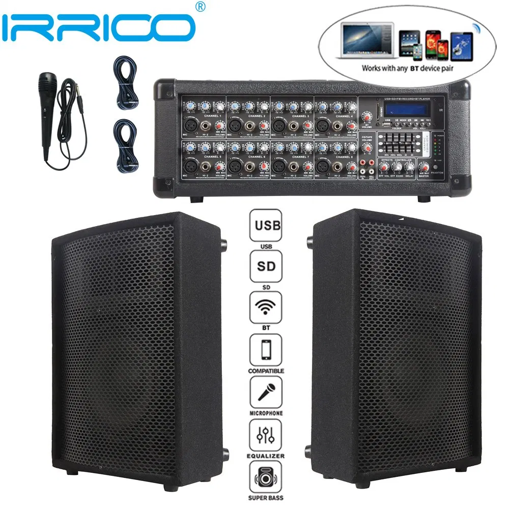 1000W 2X10"Subwoofer Audio PA Speaker System Karaoke Sets Bluetooth Party Speaker 8 Channel Powered Mixer Soundbox Parlante Professional Audio
