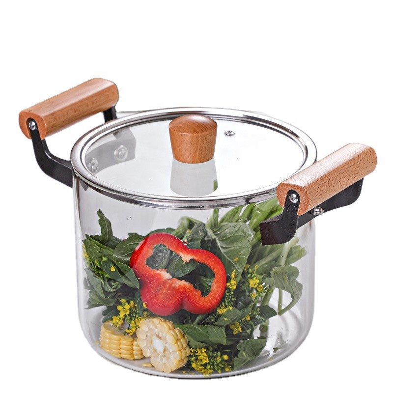 Wholesale Clear High Borosilicate Heat Resistant Glass Cooking Pot with Wooden Handle