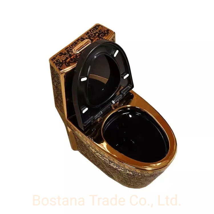 Black and Golden Luxury Bathroom Wc One Piece Gold Sanitaryware Toilet