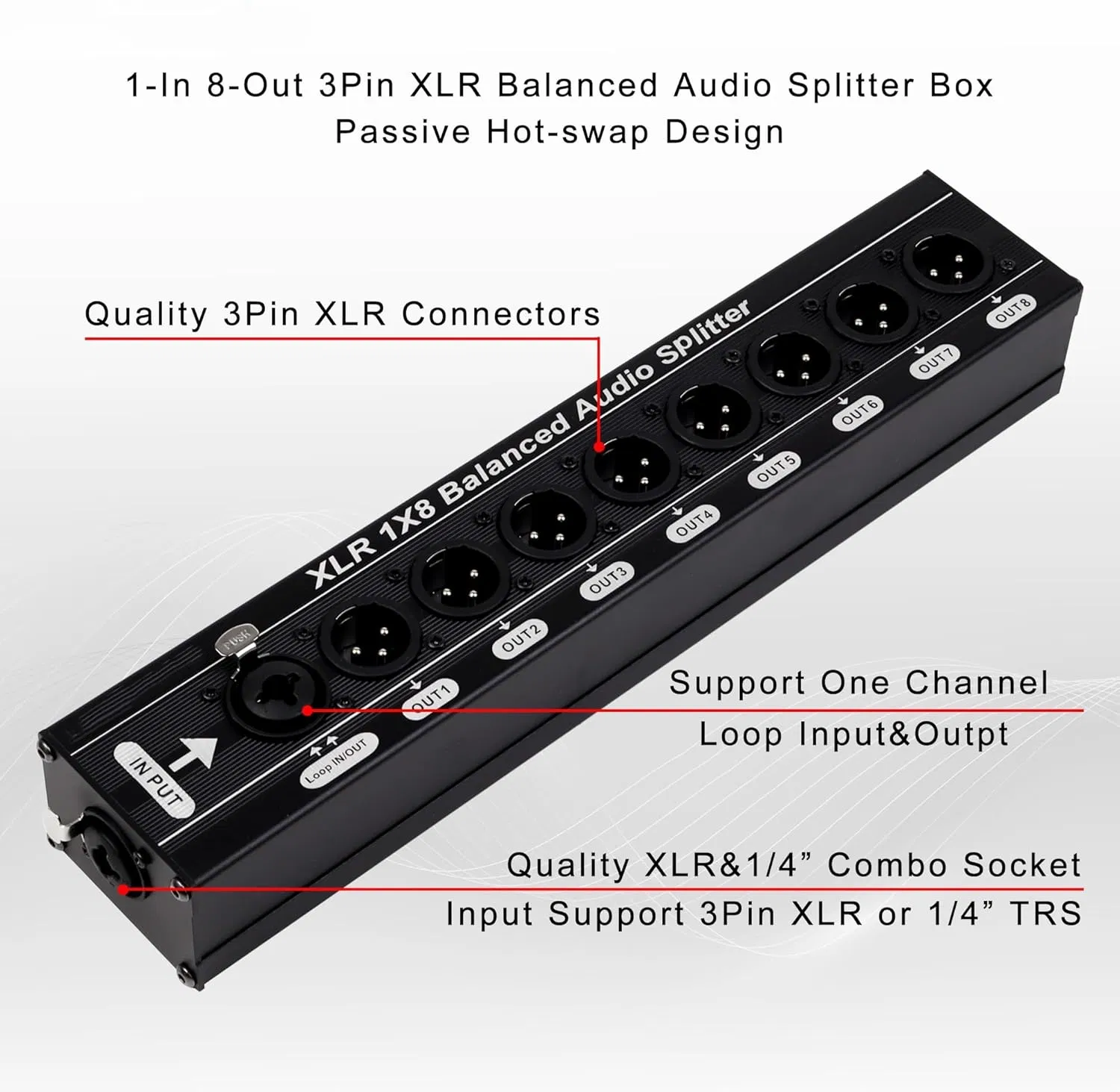 3pin XLR 1-in 8-out Splitter Box Support Balance/Trs/Ts 1/4" Input and One Loop Output Portable Size Aluminum Alloy Durable Box