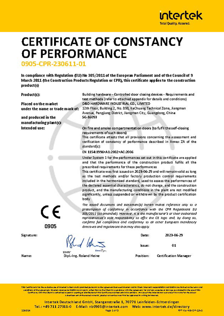 CE En1154 Adjustable Automatic Aluminium Door Closer for Fireproof Steel Doors