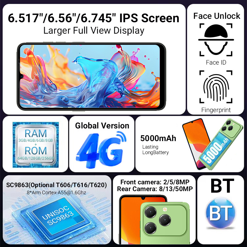 6.7 " 4G LTE Android 16 CPU T615 4GB RAM 128GB ROM 5000mAh Battery Stylish Design Mobile Phones