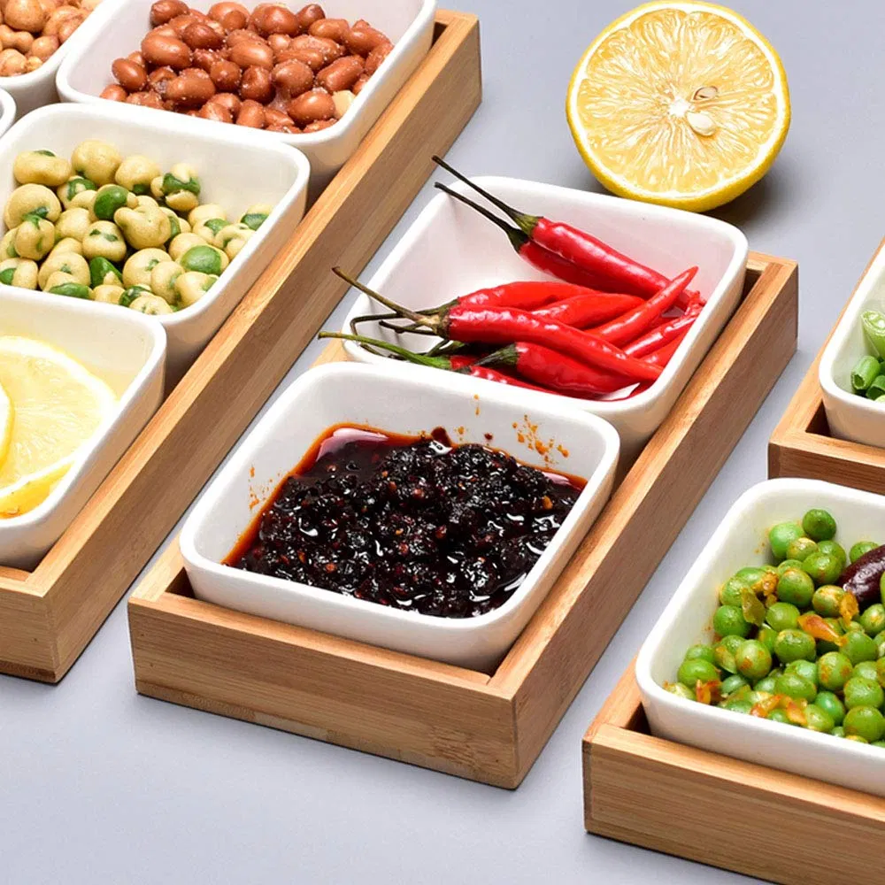 Food Server Set Tabletop Snack Serving Trays White Ceramic Relish Serving Bowl Set with Bamboo Lids & Bamboo Tray