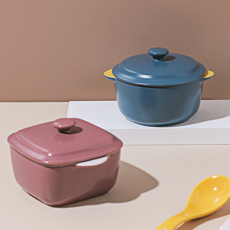 Ceramic Anti-Scald Double Ear Small Stew Pot Baking Soup Bowl with Lid