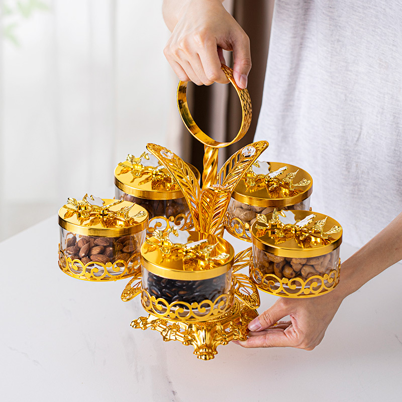 Home Decor Bowl Set, Includes 4 Glass Bowls and Gold-Plated Iron Stand Chocolate Jar