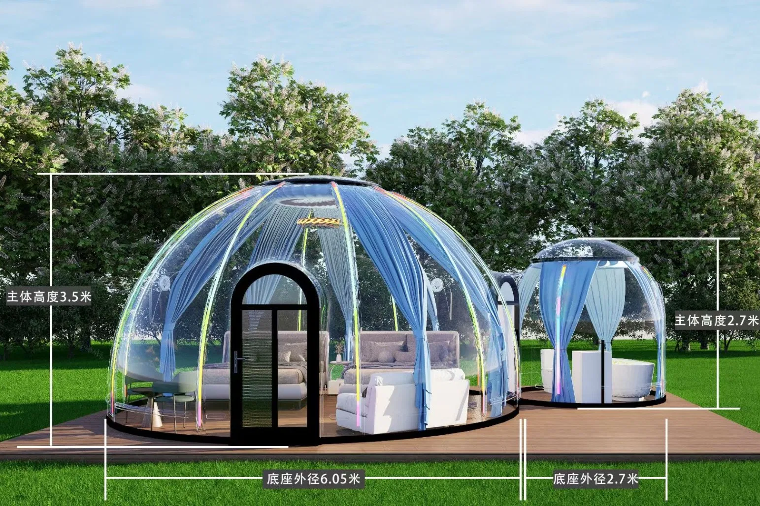 Outdoor Hotel Plastic Dome Tent Canopy House 4 Seasons Glamping 6m to 30m Diameter Greenhouse Glass Dome Hotel Tent
