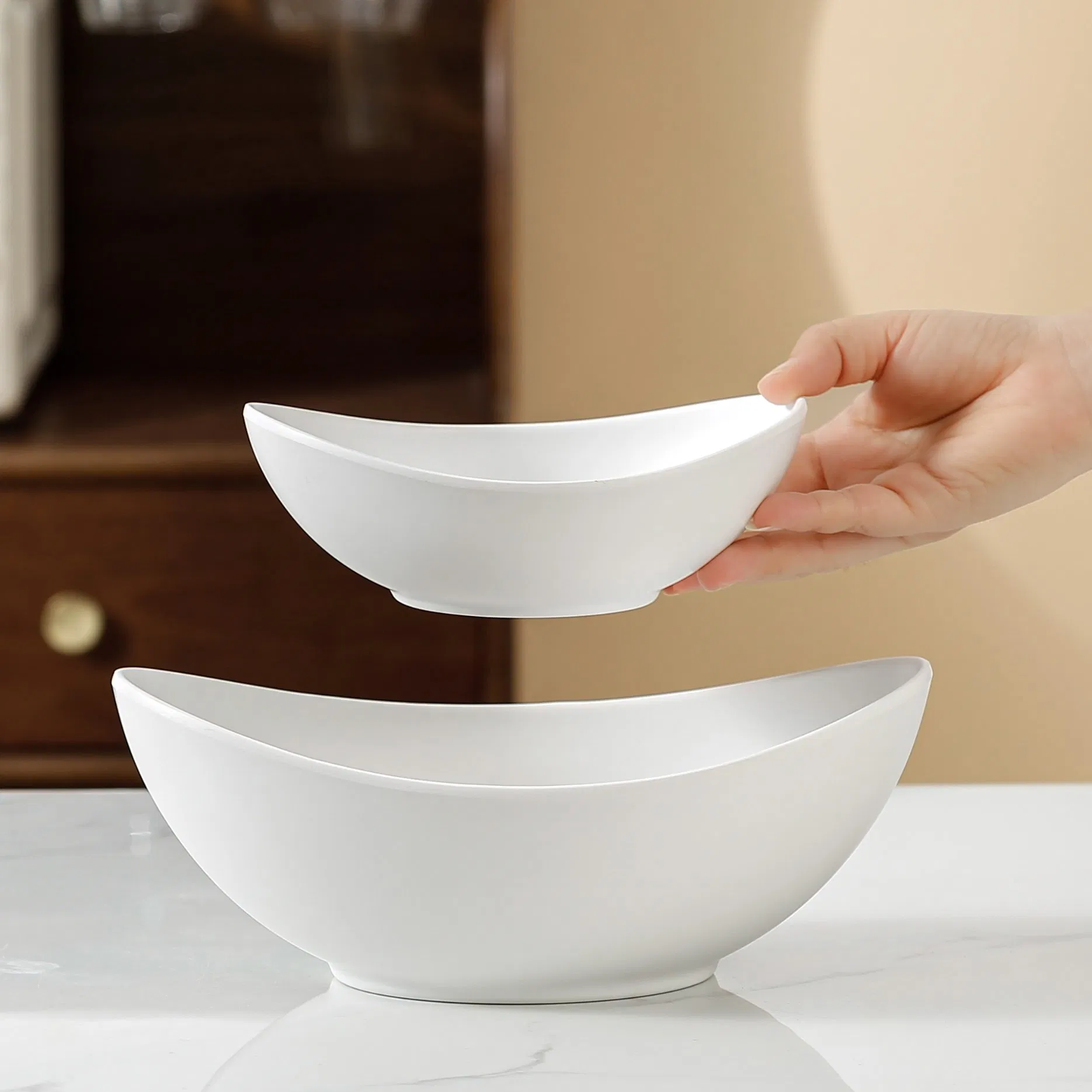 White Melamine Kanoo Bowl Modern Nordic Oval Shaped Plastic Bowl Double Color Ice Cream Fruit Melamine Oval Bowl