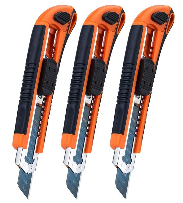 Utility Knife Heavy Duty Box Cutter 3 Pack, Craft 18 mm Retractable and Auto Charge - Work Perfect in Everyday Use, Rubber Handle, a,B,S Body and Anti-Rust Blac