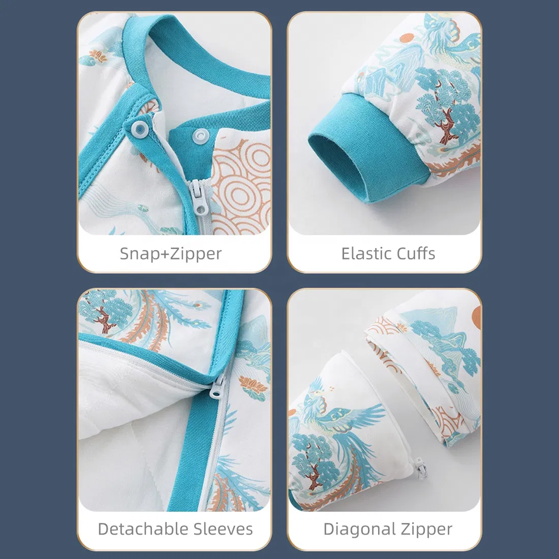 High Quality Two Way Zipper Organic Cotton Thermostatic Kids Baby Sleep Bag
