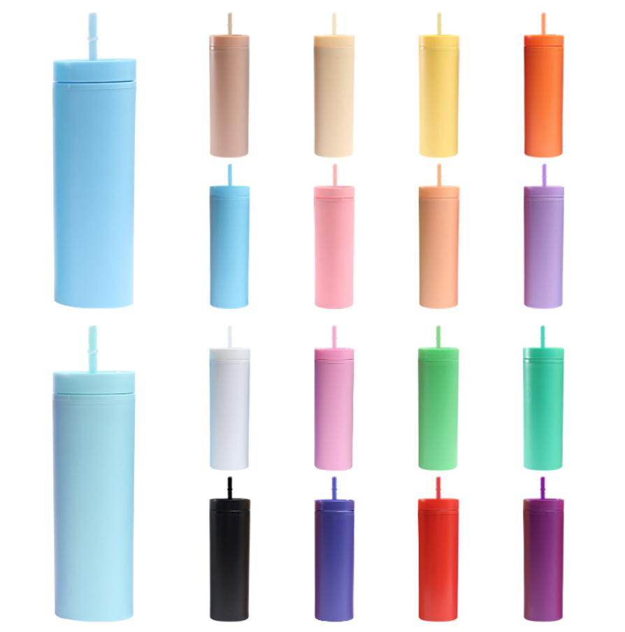Colorful Double Wall 16oz Skinny Frosted BPA Free Tumbler Straw Plastic Water Bottle