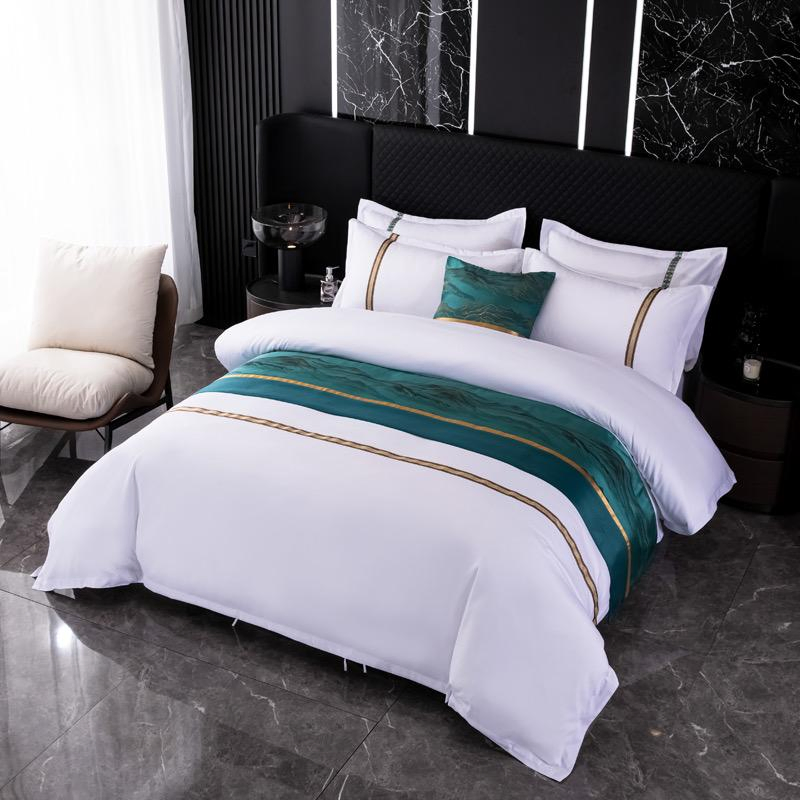 Four Piece Set Bed Linen Bed Cover Custom OEM/ODM Plain Color Cotton Polyester White Embroidery Ribbon Home Textile Bed Sheets Bedding Set for Hotel
