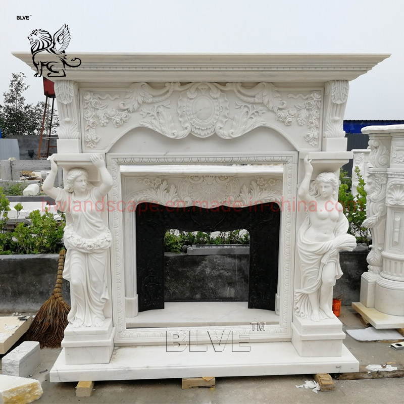 Large Hand Carved Indoor 2 Tier Solid Stone Fireplace Marble Fireplace Mantel with Statues