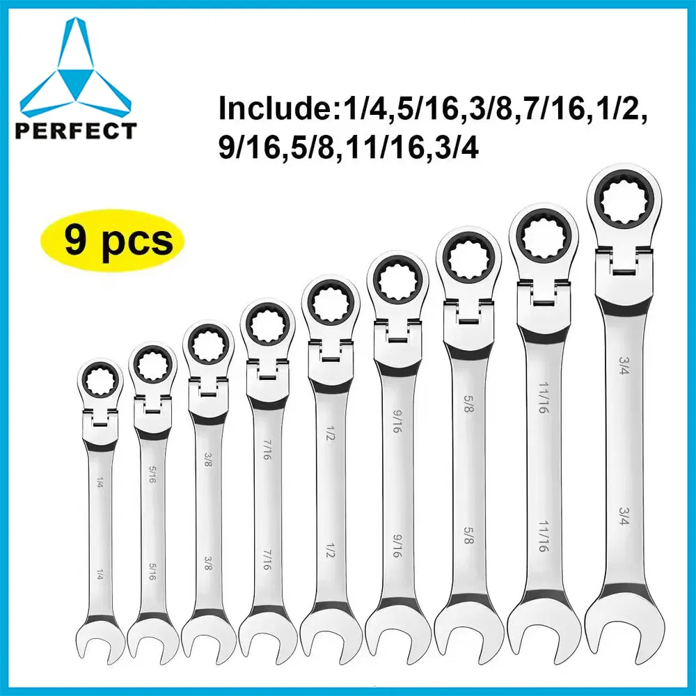 1/4"-3/4" Inch SAE Flex Head Ratcheting Wrench 9PCS Set, Combination Ended Spanner Kits, Chrome Vanadium Steel Hand Tools Socket Key Ratchet Wrench Set
