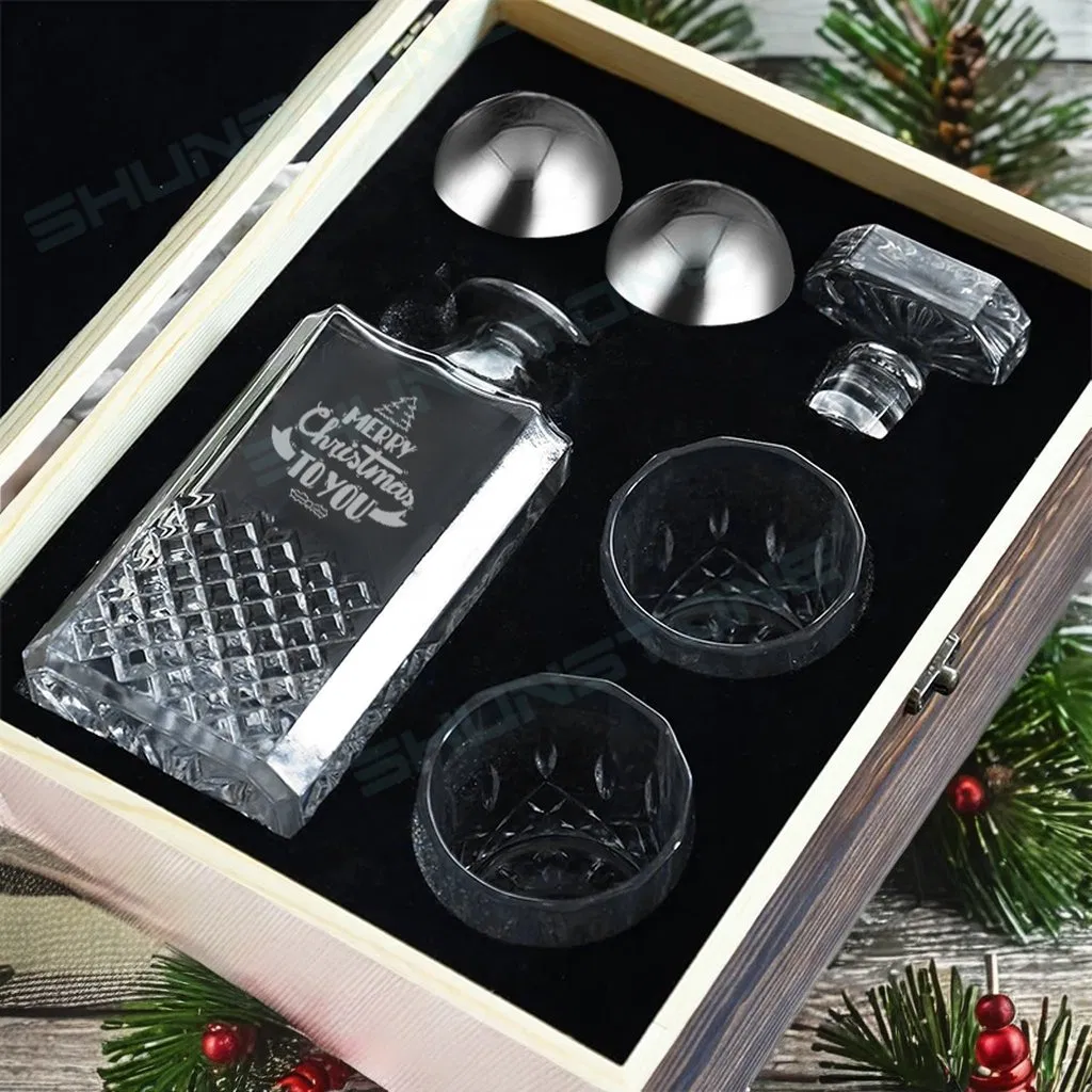 Shunstone Custom Logo Square Whiskey Decanter Gift Set Classical Whiskey Glass Reusable Whiskey Ball Christmas Fathers Day Gift