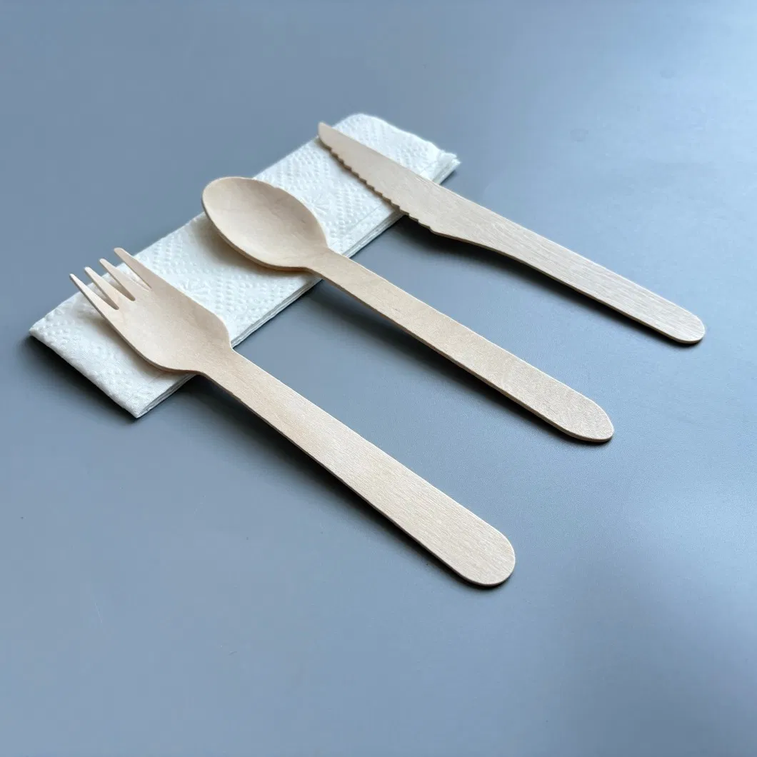 Eco-Friendly 160mm Biodegradable Disposable Birch Spoon Fork Knife with Individual Packaging