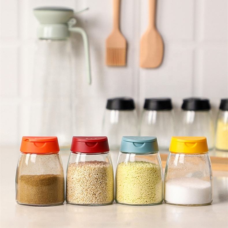 New Double-Opening Glass Condiment Bottle Set Kitchen Four-Packed Seasoning Jar